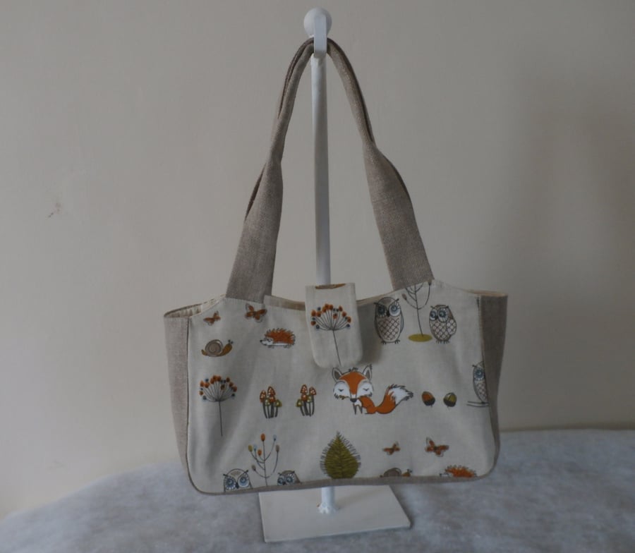 Shoulder Bag Hand Bag in woodland friends Cotton Fabric with Hessian Handles 