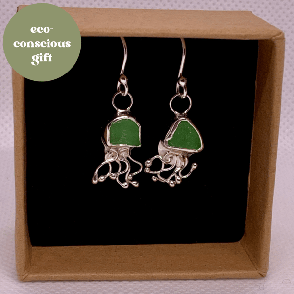 Bright Green Sea Glass and Sterling Silver Jelly Fish Earrings - 1044