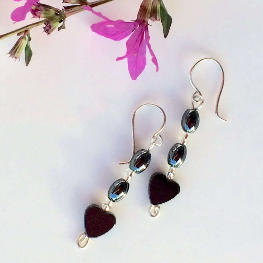 Sterling Silver Hematite Heart Earrings