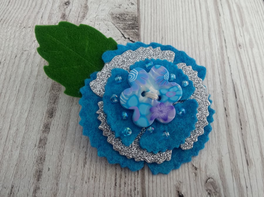 Blue floral corsage, flower brooch, ladies blue lapel pin, felt flower gifts