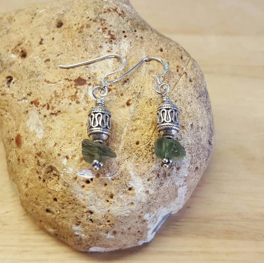 Raw Moldavite earrings. Crystal Reiki jewellery