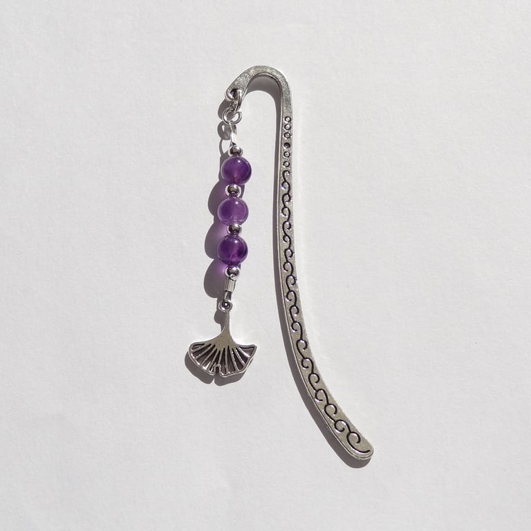 Amethyst natural stone beaded bookmark, with ginkgo charm, in an organza bag