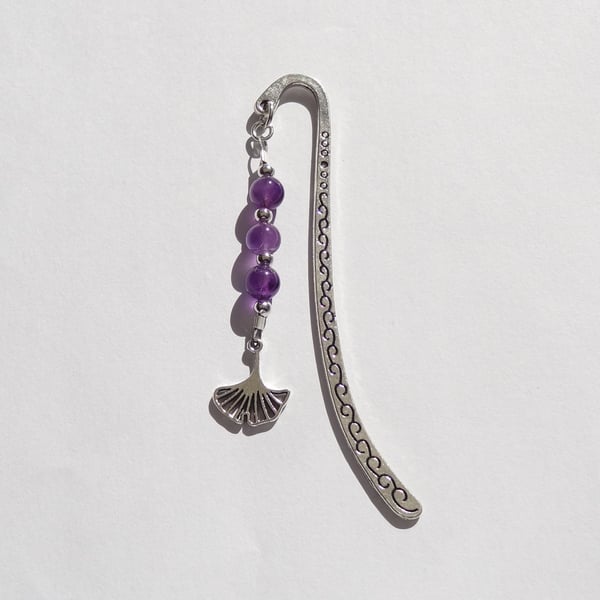 Amethyst natural stone beaded bookmark, with ginkgo charm, in an organza bag