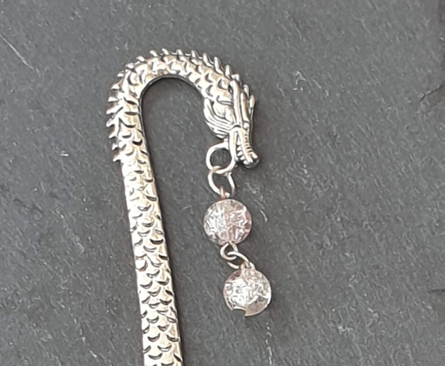 Dragon Bookmark with Two Pink-White Crackle Glass Beads 