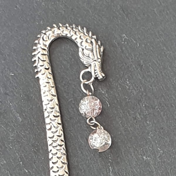 Dragon Bookmark with Two Pink-White Crackle Glass Beads 