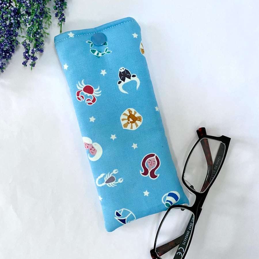 Glasses Case Soft Pouch Zodiac Star Signs Glow In The Dark Fabric Lined Popper