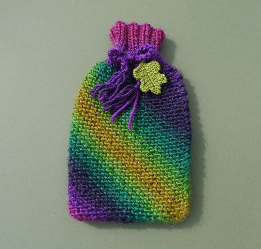 Rainbow Hot Water Bottle Cosy with Oak Leaf to Folksy