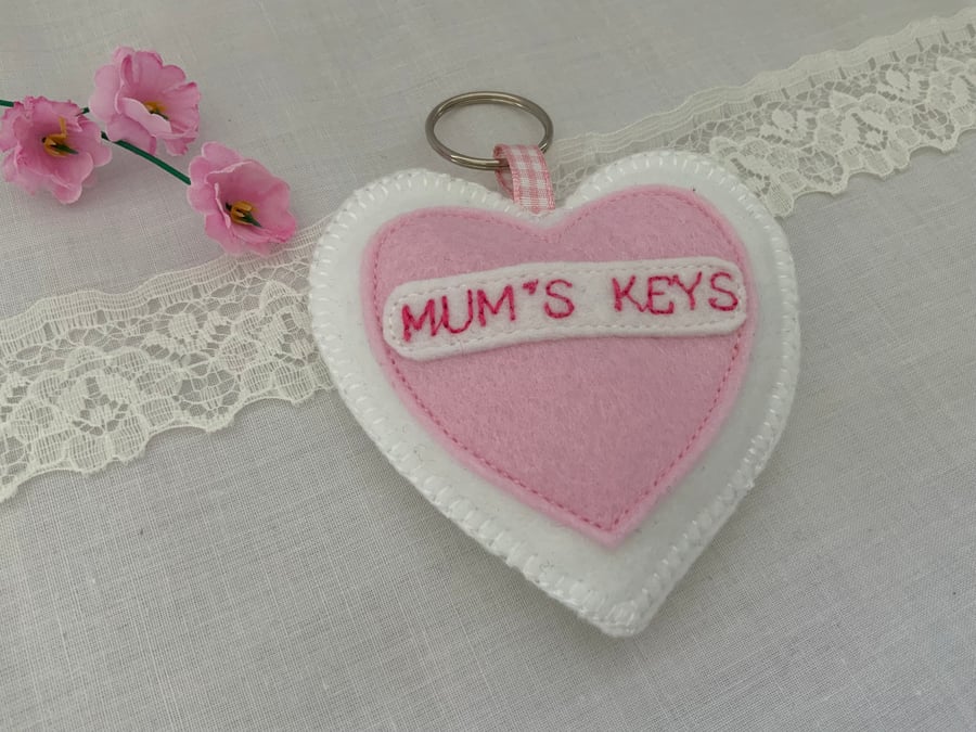 Personalised Felt Heart Keyrings, Handmade Mothers Day Gift, Mum Keyring