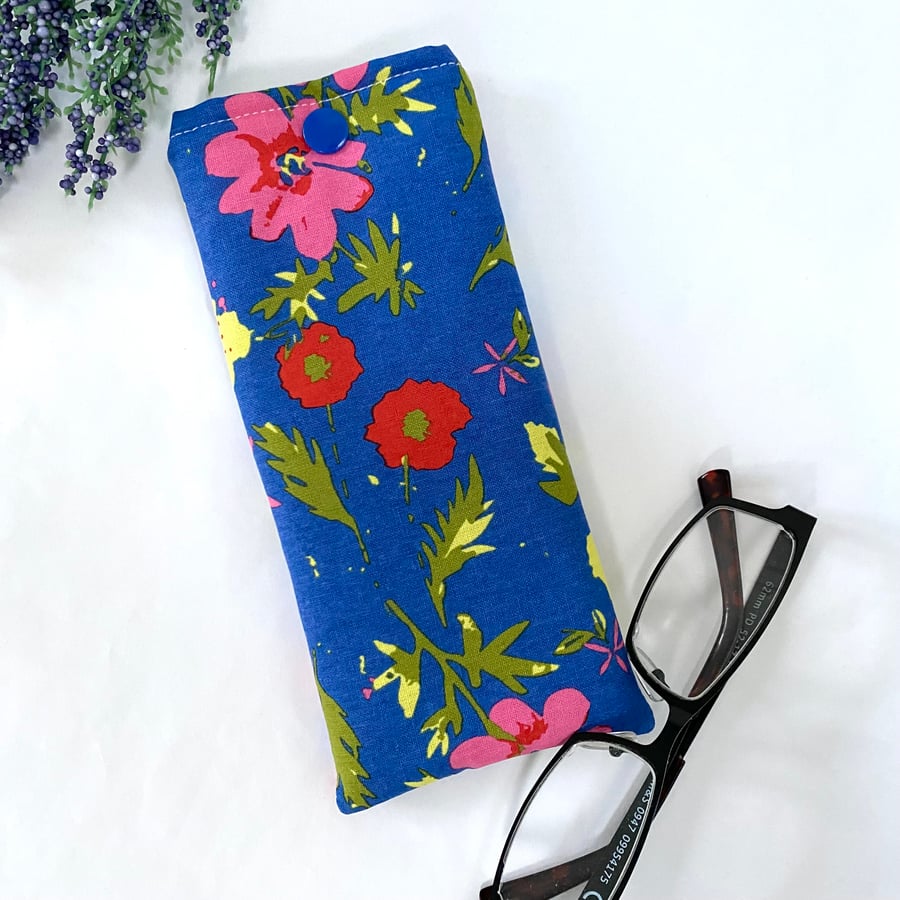 Glasses Case Soft Pouch Bright Floral Flowered Fabric Lined with Popper