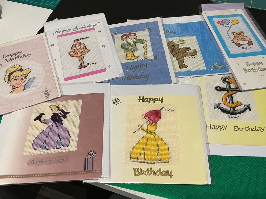 Set of 8 beautiful cross-stitch birthday cards.