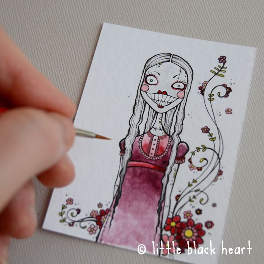 spring flowers zombie lady - original aceo