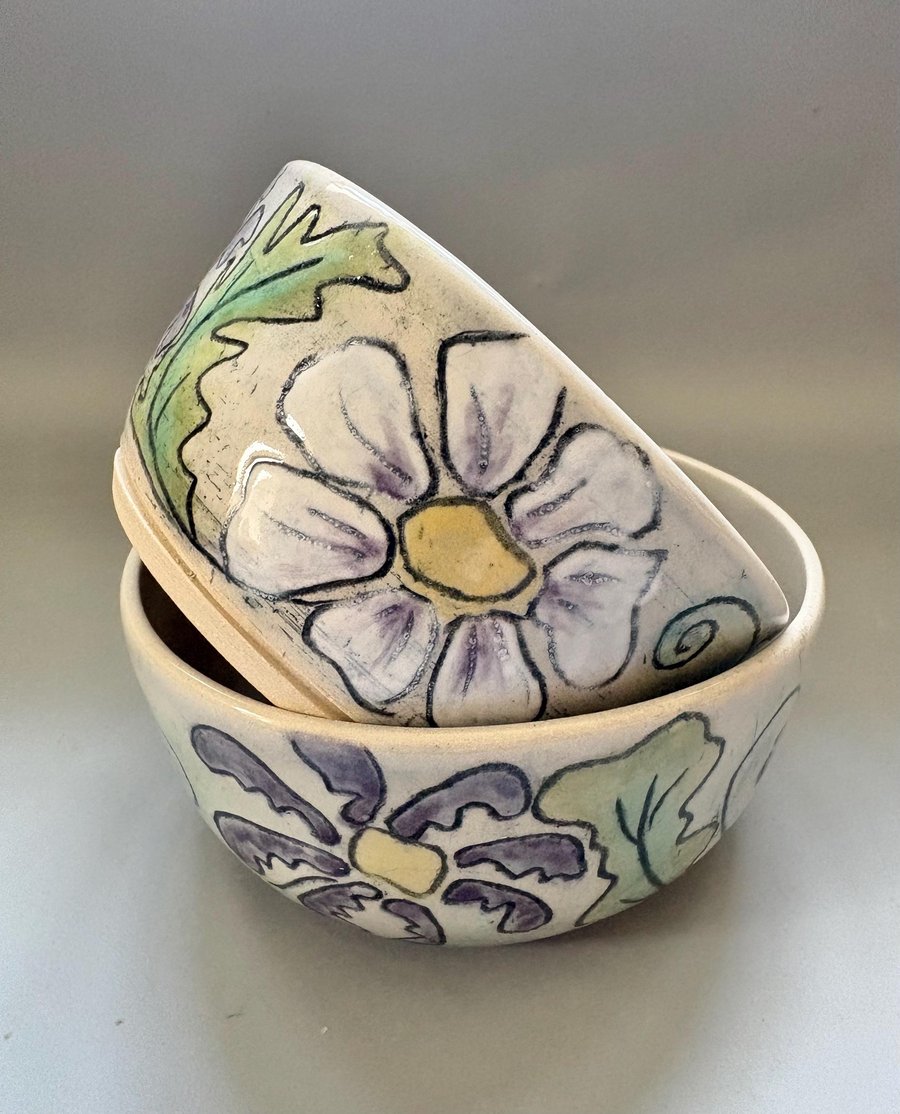 Handmade Ceramic Stoneware Bowl: Hand carved floral design
