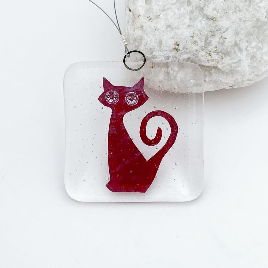 Fused Glass Copper Cat Hanging - Handmade Glass Suncatcher