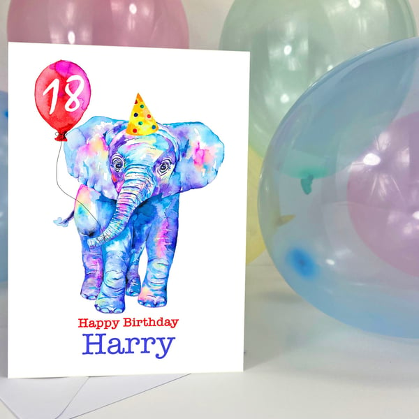 Fun elephant personalised birthday card for him or her, premium quality