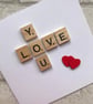 Handmade 'Love You' Scrabble Card with Wooden Hearts - Image 2