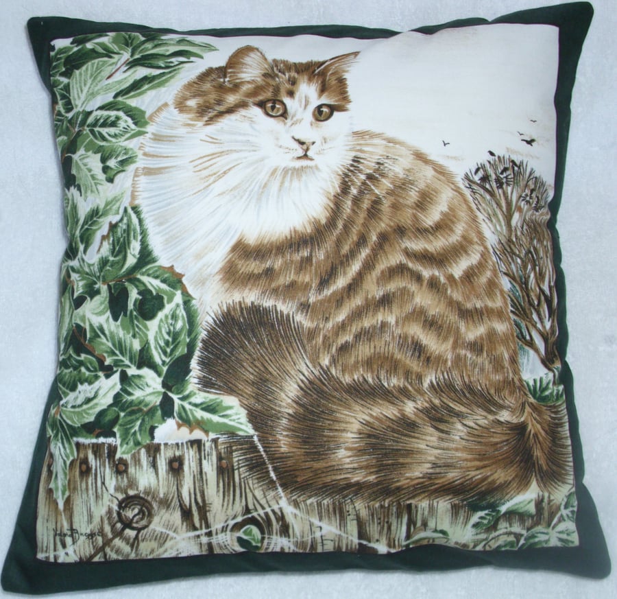 fluffy tabby and white cat sitting on a garden fence cushion
