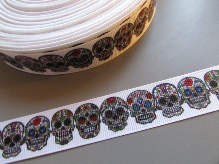 Gothic Sugar Skull Grosgrain Ribbon 2.2cm x 1 Metre