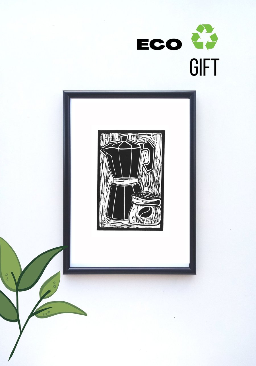 Handprinted Linocut Coffee Maker Coffee Lovers Unframed Wall Art Print