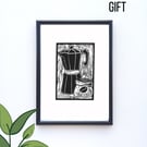 Handprinted Linocut Coffee Maker Coffee Lovers Unframed Wall Art Print