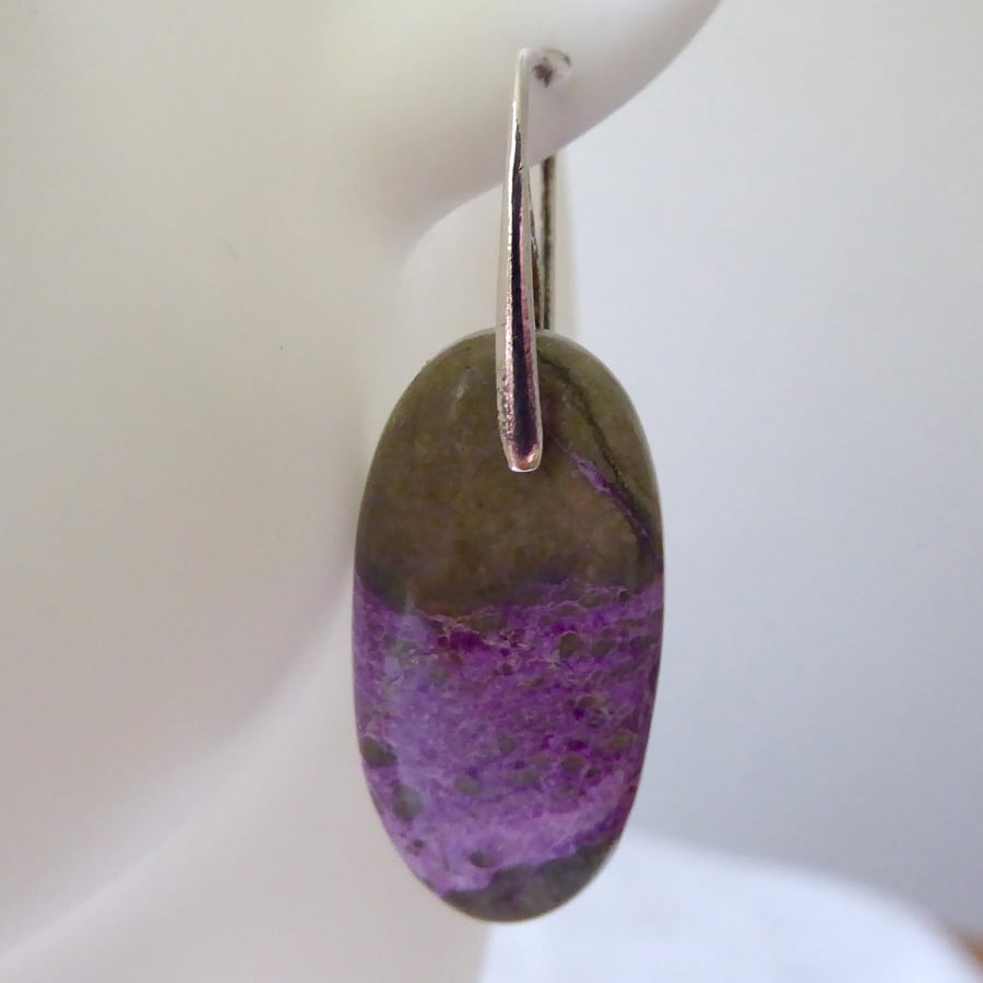 Pair of Sterling Silver & Stichtite Small Oval Gemstone Earrings