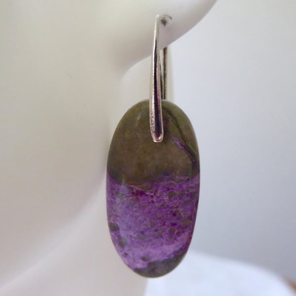 Pair of Sterling Silver & Stichtite Small Oval Gemstone Earrings