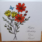C6497   Happy Birthday Dear Friend, Card, Hand Coloured, Hammered Card, Flowers,