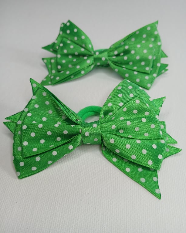 Playful Green Hair Bows with White Polka Dots – Handmade Hair Ties for Girls