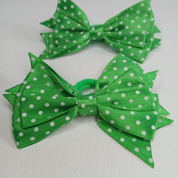 Playful Green Hair Bows with White Polka Dots – Handmade Hair Ties for Girls