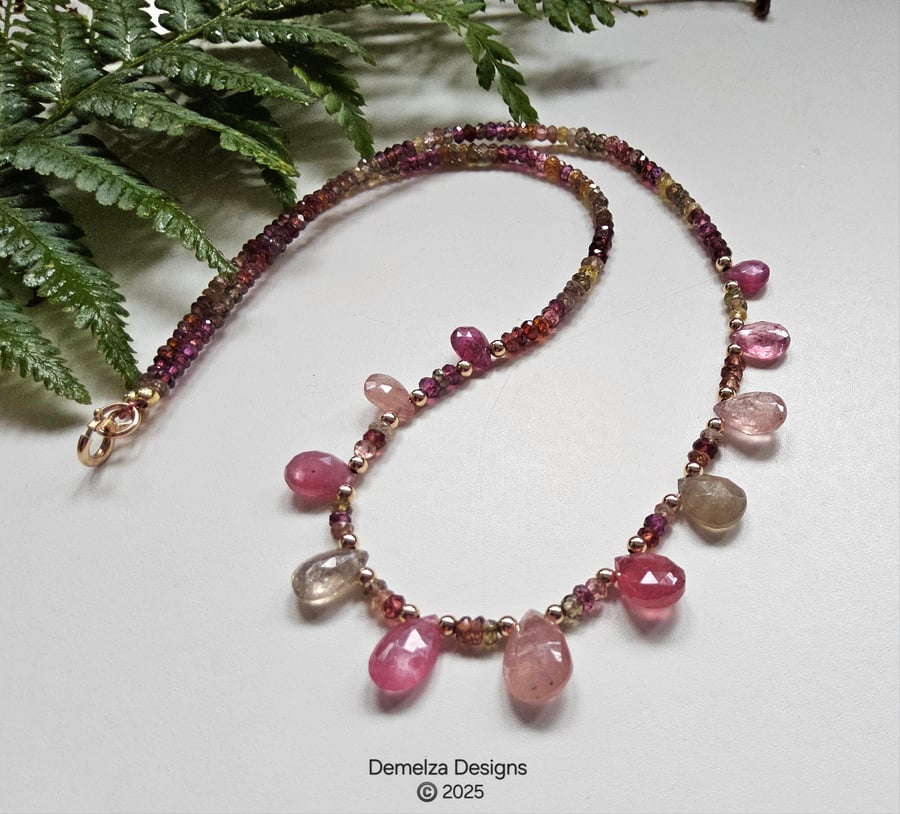 Designer Genuine Pink Sapphires, Spinel & Garnet 9ct Gold Choker Length 41cms