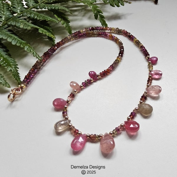 Designer Genuine Pink Sapphires, Spinel & Garnet 9ct Gold Choker Length 41cms