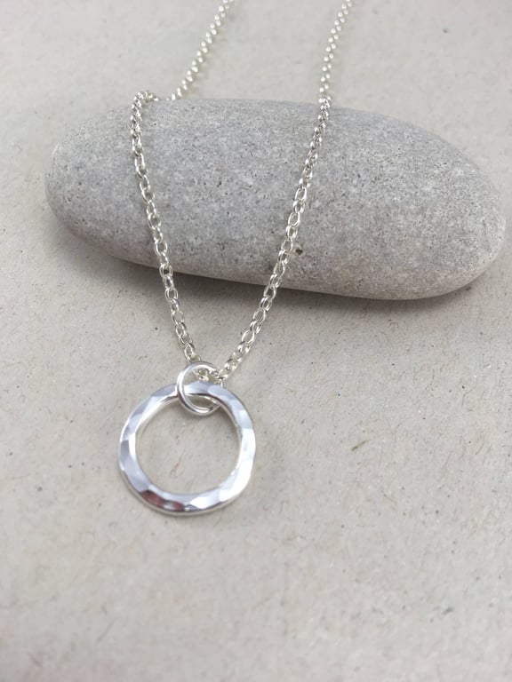 Hammered Sterling Silver Circle Necklace, Minimalist Silver Circle Pendant