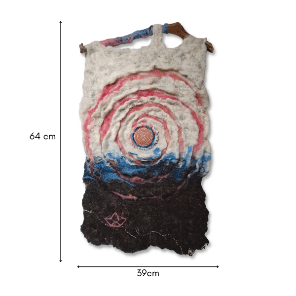 Felted and hand stitched wall hanging featuring a terracotta labyrinth