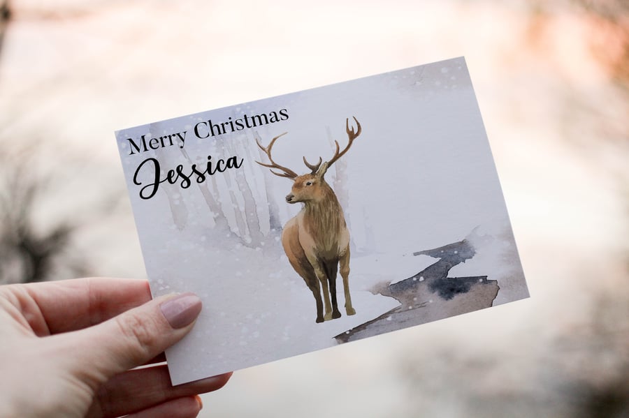 Stag In Snow Christmas Card, Stag Christmas Card, Personalized Card 
