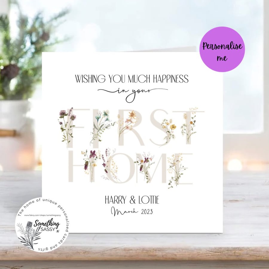  First Home Card Personalised with name and date, floral, modern & elegant