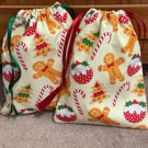 Small Christmas themed cotton drawstring pouch bag