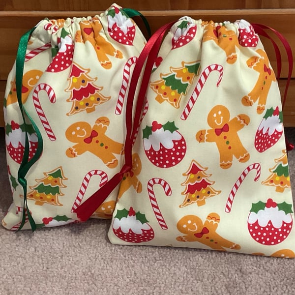 Small Christmas themed cotton drawstring pouch bag