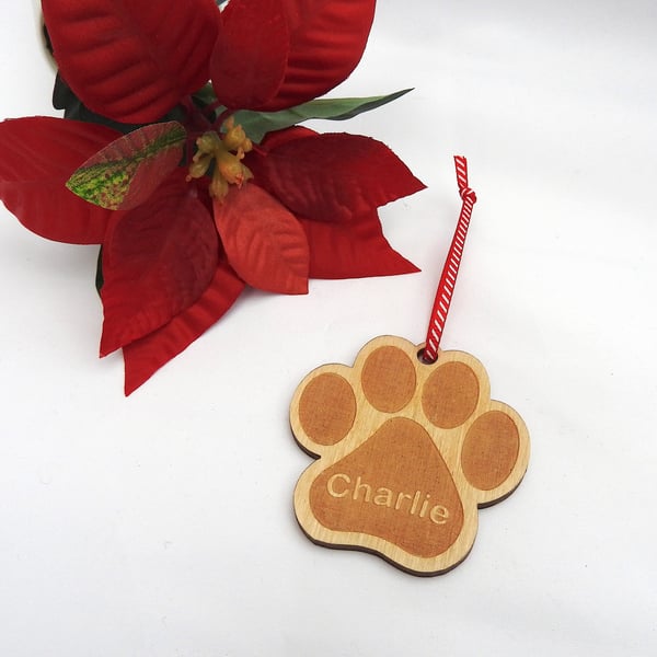 Personalised Dog Paw Christmas Ornament, Wood Christmas Tree Decoration