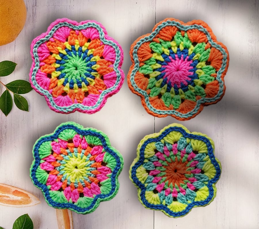 ultra bright neon crochet mandala flower coasters