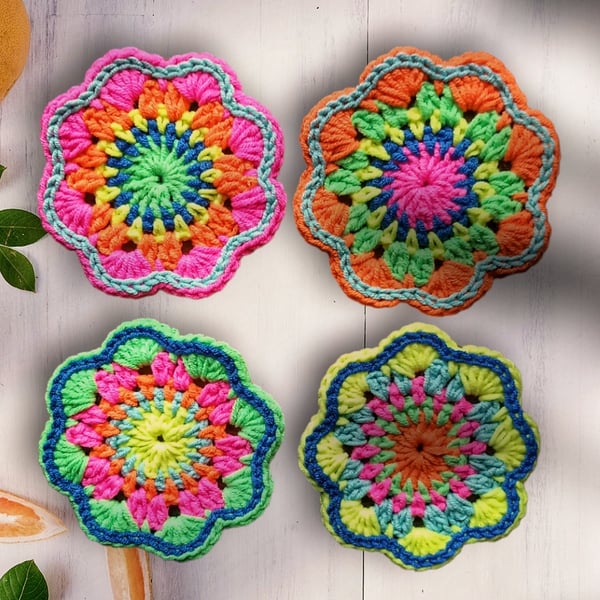 ultra bright neon crochet mandala flower coasters