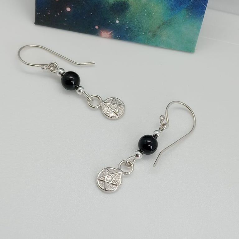 Pentacle earrings sterling silver black onyx handmade