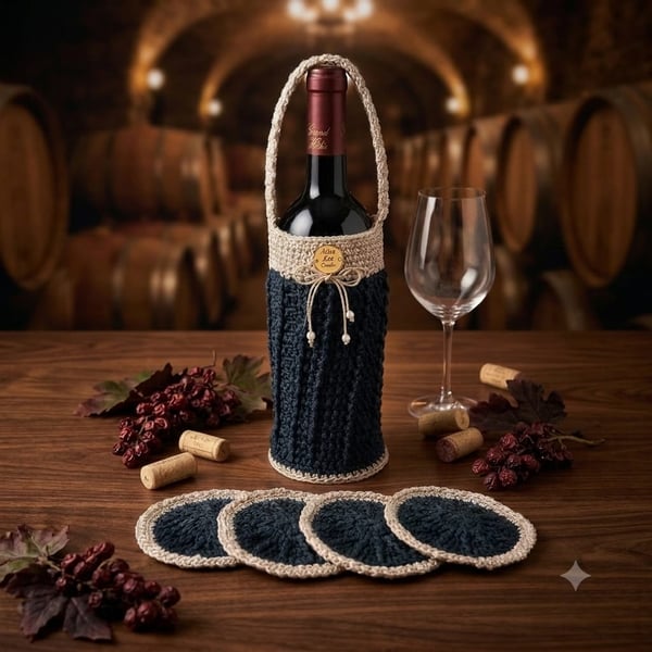 Handmade Crochet Wine Bottle Holder with 4
