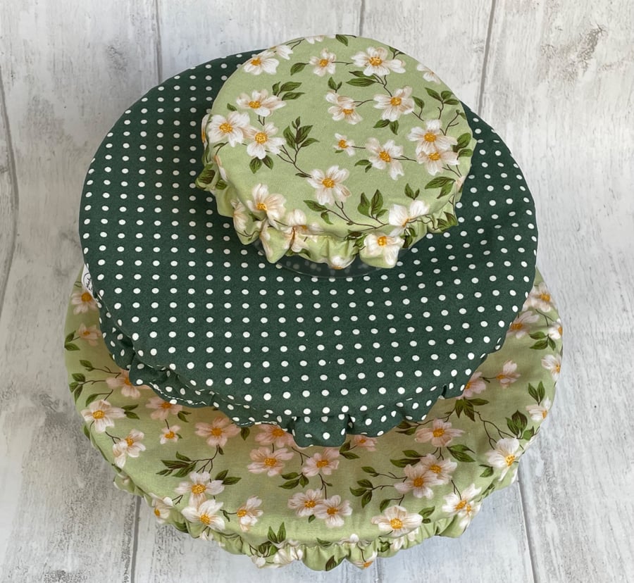 Reusable bowl covers - set of three. Roses and spots