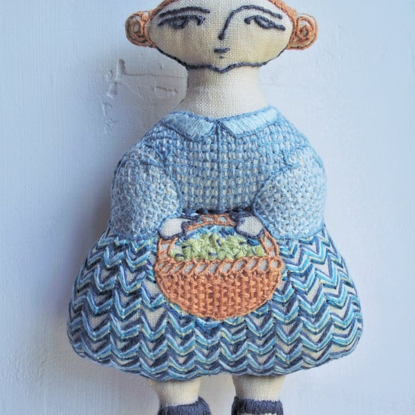 Phoebe - A Hand Embroidered Textile Art Doll, Eco-friendly, Handmade - 14cms
