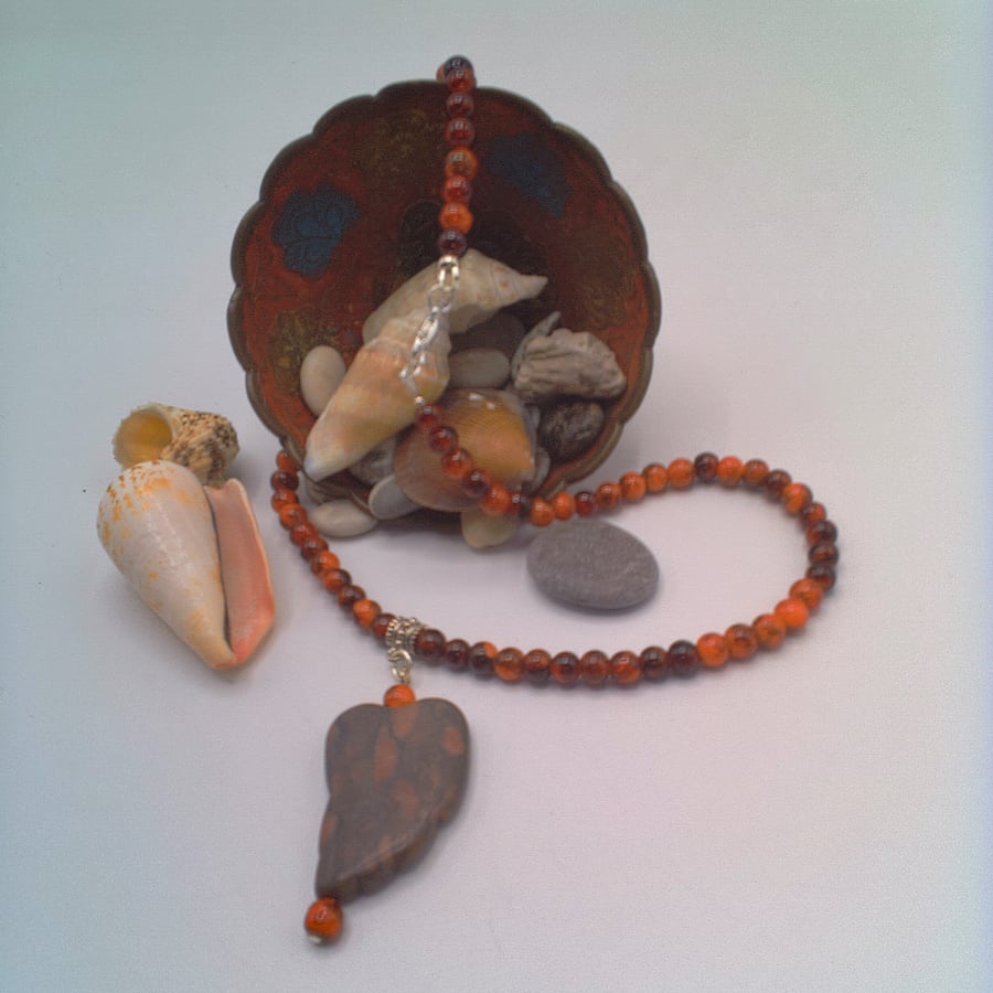 Men's Orange and Brown Mottled Bead Necklace with Stylised Jasper Leaf Pendant