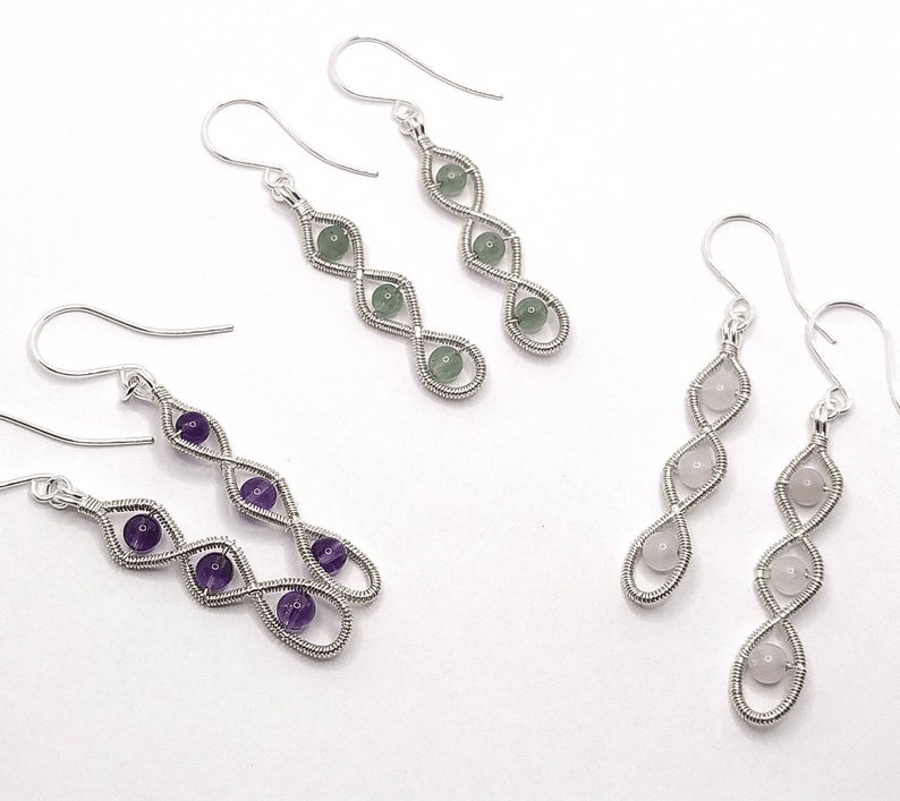 Twisted Drop Wire Wrapped Earrings with Rosequartz, Amethyst or Aventurine