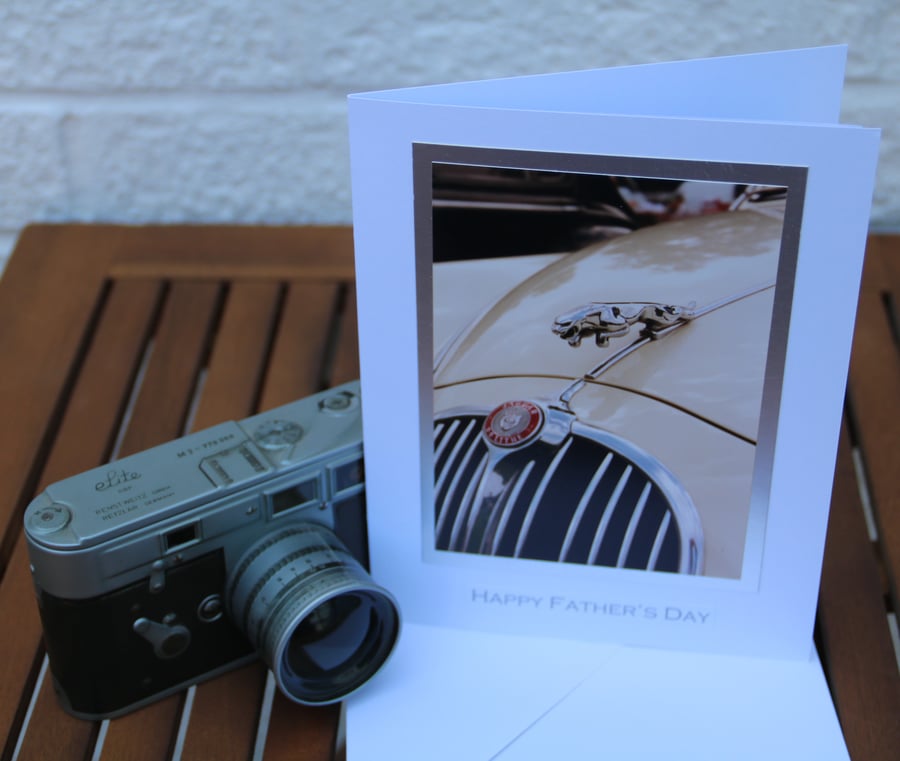 Father's Day card, photograph card, Vintage Jaguar car mascot, 8x6" card