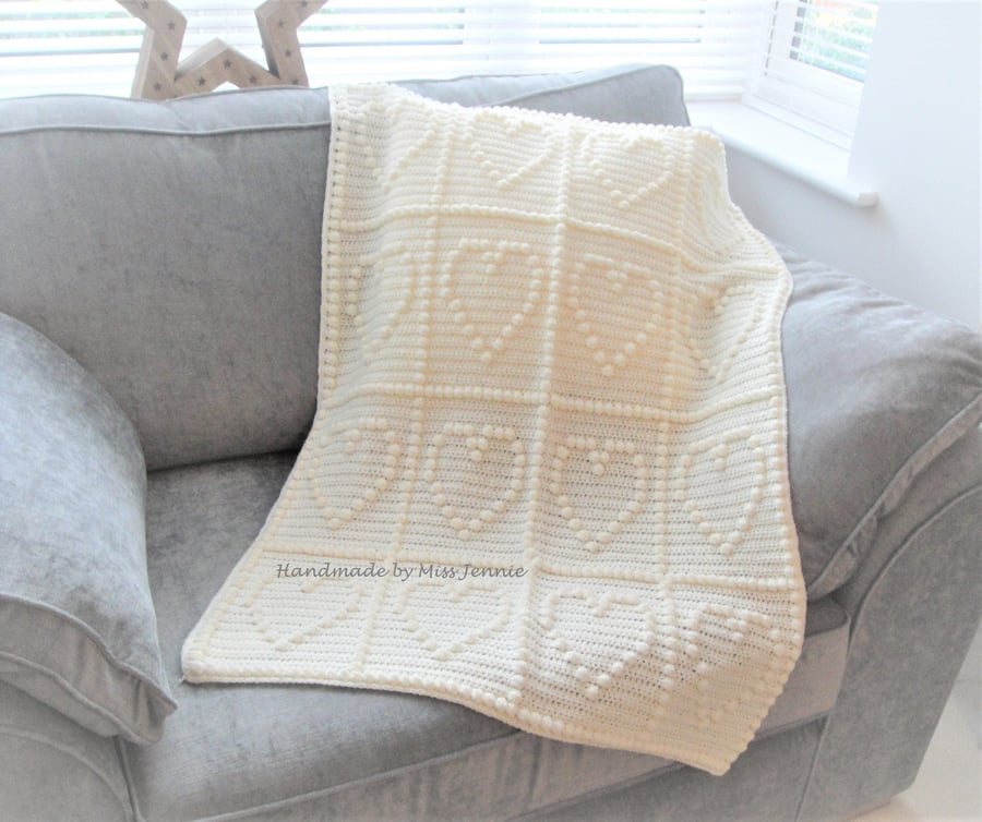 Crochet Baby Heart Blanket, Baby Star Blanket, Cot, Crib, Bassinet, Car seat