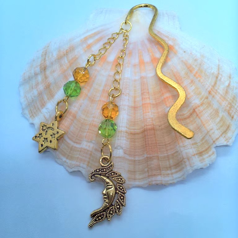 Gold Plated Bookmark With Lemon & Lime Beads and Moon and Star Charms