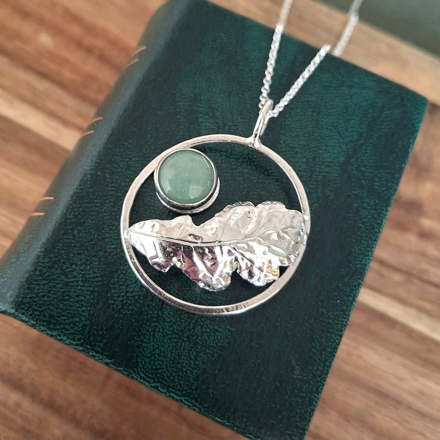 Real Oak Leaf and Aventurine - Handmade Silver Necklace