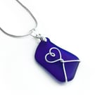 Sea Glass Pendant - Blue Heart Necklace - Silver Beach Glass Handmade Jewellery